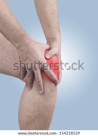 Acute pain in a man  knee. Male holding hand to spot of knee-aches.  Isolation on a white background.
