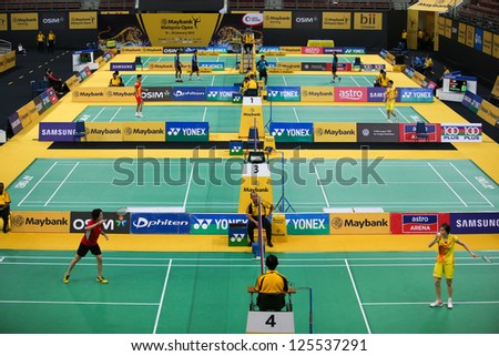 KUALA LUMPUR - JANUARY 15: Badminton players from all over the world compete at the WBF Super Series Maybank Malaysia Open 2013 tournament played in Kuala Lumpur, Malaysia on January 15, 2013.