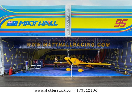 PUTRAJAYA, MALAYSIA - MAY 17, 2014: The MXS-R plane of Matt Hall of Australia parks at the hangar before the race during the Red Bull Air Race World Championship 2014 in Putrajaya, Malaysia.