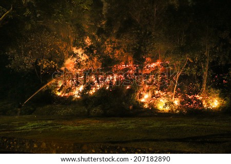 PUCHONG, MALAYSIA - JULY 26, 2014: A fire-fighter sprays water into the burning bushes in a forest fire at the foot hills of the Air Hitam Forest Reserve in Puchong, Malaysia.