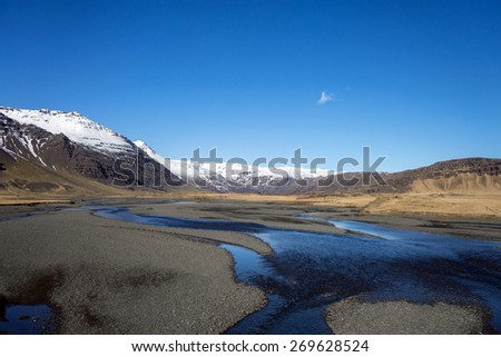 scenic landscape of southern Iceland; of snow-capped mountains, glaciers, grass fields, rivers and lakes formed by the melting ice from the mountains.