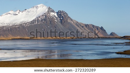 scenic landscape of southern Iceland; of snow-capped mountains, glaciers, grass fields and lakes.