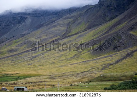 scenic landscapes of grass covered mountain and hills in the summer in Iceland