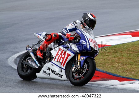 SEPANG - FEBRUARY 05: Jorge Lorenzo of the Fiat-Yamaha team practices in the pre-season testing in preparation for the MotoGP championship. February 05, 2010 in Sepang, Malaysia.