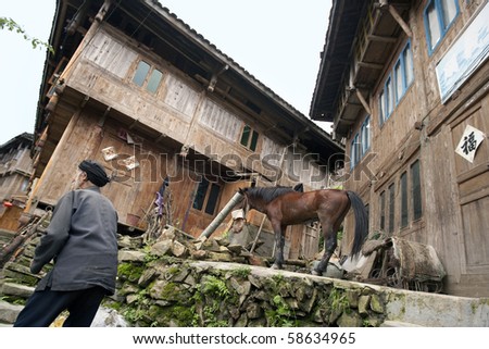 LONGJI, CHINA - MAY 22: A farmer walks past a horse outside the hill homes of the Yao ethnic minority people in Longji on May 22, 2010. The Longji terraced rice fields is a major tourist attraction.