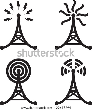 Set of four black silhouettes of radio tower