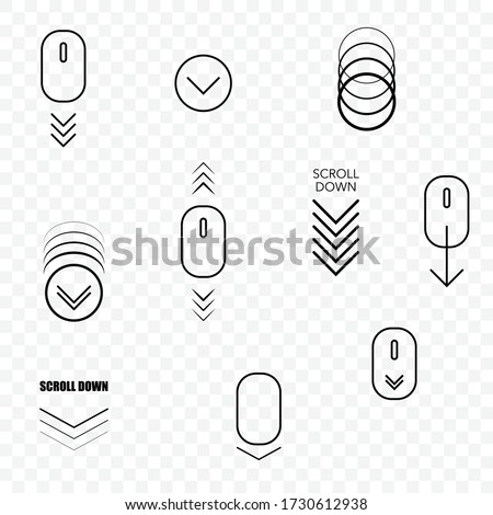 Transparent background with different outline mouse silhouettes and scroll arrows. Different directions of web page moving
