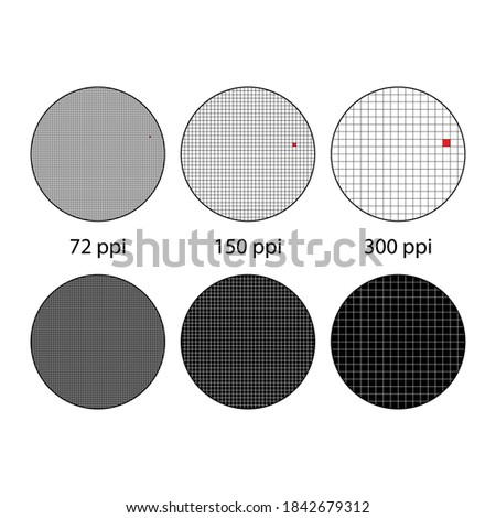Three circles with blue squares grid. Dots per inch illustration or pixel per inch wallpaper. One pixel in different resolution