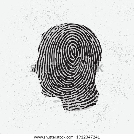 Black silhouette of man head with fingerprint pattern and outline silhouette grunge background