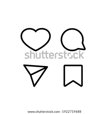 Set of four different social media icons. Outline symbols of heart, speech bubble, message and bookmark