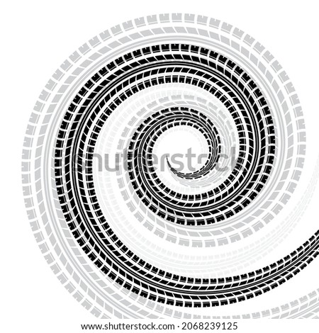 White background with transportation tire tracks in spiral shape. Black and gray car tyres silhouettes circle forms