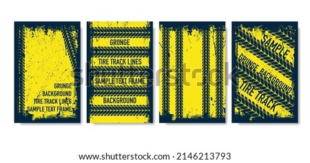 Set of dark blue tire track silhouette frames with yellow background. Grunge tyre posters isolated on white wallpaper