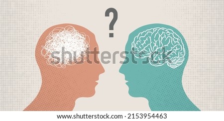Flat men silhouettes head with different brain silhouettes. Different thoughts and words. Understanding between two persons
