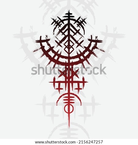 Grey grunge background with ink blots and abstract red brushed symbol. Old norse viking mythology wallpaper with rune symbol. Tattoo sample pattern design