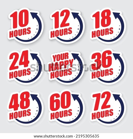 Set of blue and red abstract clock silhouettes with human hand and different tine numbers. Business hours for work and rest