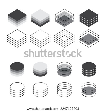 Set of different flat and outline paper layers design icons. Wed logo interface for square and circle isometric layers