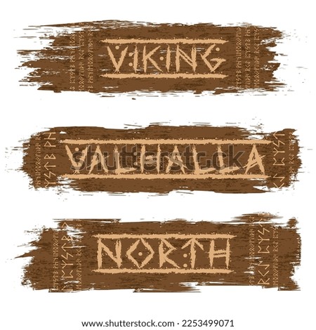 Set of three brown grunge wooden boards with sample runes and text. Scandinavian texture for different designs