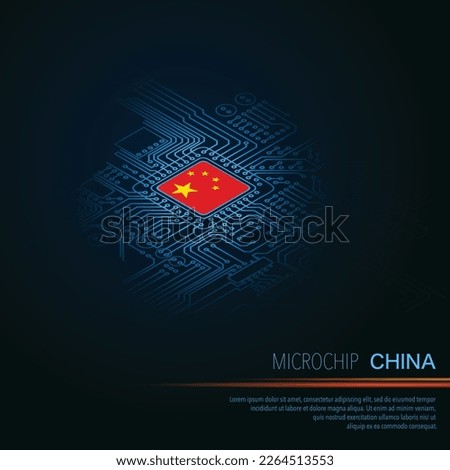 Blue electronic circuit board with China flag microchip or CPU element