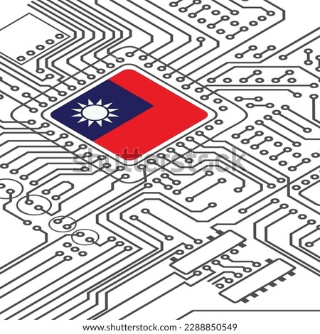 White background with Taiwan flag microchip and perspective electric circuit board silhouette. Electronic technology boardwith cpu made in Taiwan