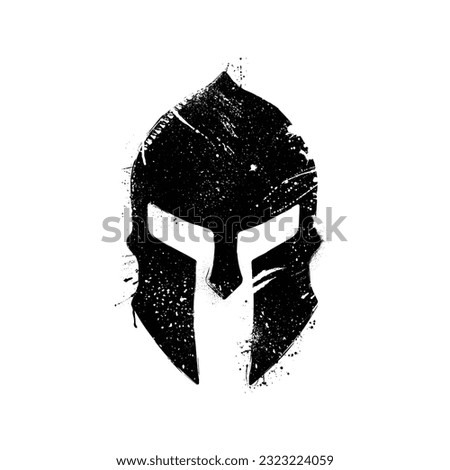 Abstract black grunge spartan and viking helmet with ink blots splashes isolated on white background