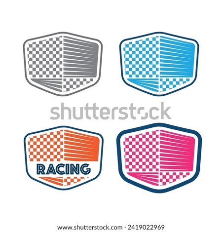 Set of different checkered flag emblems for race tournament isolated on white background