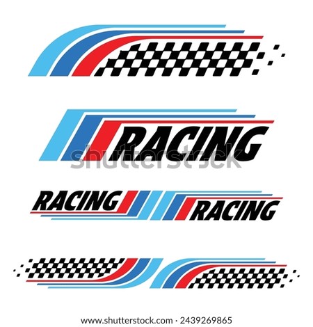 Car and moto sports decals. Horizontal checkeres halftone designs for racing tournaments and competitions. Sample bold speed text words with linear patterns