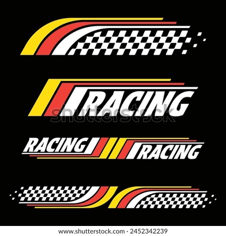 Car and moto sports decals. Horizontal checkeres halftone designs for racing tournaments and competitions. Sample bold speed text words with linear patterns