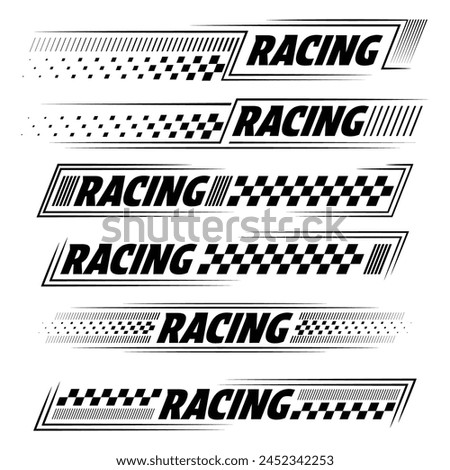 Black and white car and moto sports decals. Horizontal checkeres halftone designs for racing tournaments and competitions. Sample bold speed text words with linear patterns