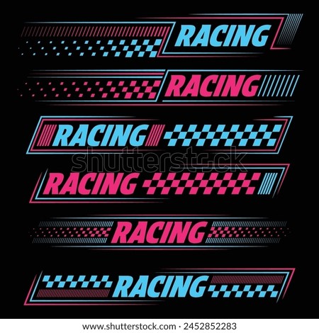 Blue and pink car and moto sports decals. Horizontal checkeres halftone designs for racing tournaments and competitions. Sample bold speed text words with linear patterns