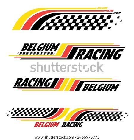 Car and moto sports decals. Belgium checkeres halftone designs for racing tournaments and competitions. Sample bold speed text words with linear patterns