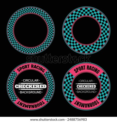 Set of circle checkered halftone patterns with sample texe for sports race labels