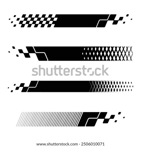 Set of different black checkered logos for sport car decals and different moto racing designs