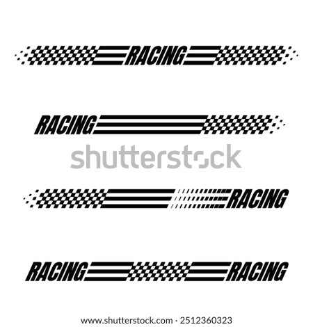 Car and moto sports decals. Black checkered halftone designs for racing tournaments and competitions. Sample bold speed text words with linear patterns