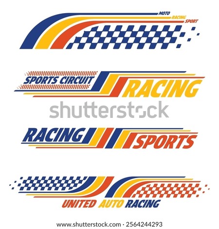 Car and moto sports decals. United Kingdom checkeres halftone designs for racing tournaments and competitions. Sample bold speed text words with linear patterns