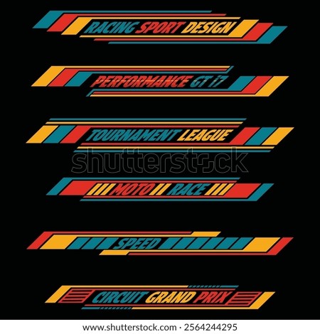 Car and moto sports decals. Three colour checkered halftone designs for racing tournaments and competitions. Sample bold speed text words with linear patterns