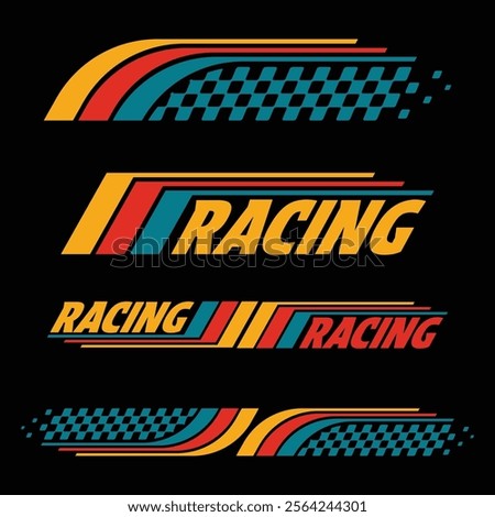 Car and moto sports decals. Belgium checkeres halftone designs for racing tournaments and competitions. Sample bold speed text words with linear patterns