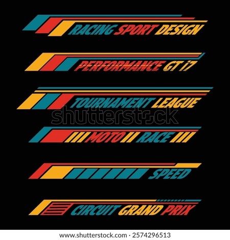 Car and moto sports decals. Race checkered halftone designs for racing tournaments and competitions. Sample bold speed text words with linear patterns