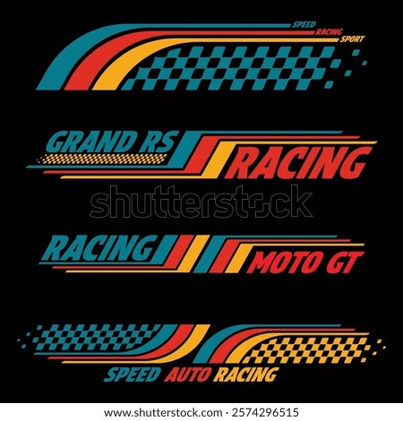 Car and moto sports decals. Speed checkered halftone designs for racing tournaments and competitions. Sport bold speed text words with linear patterns