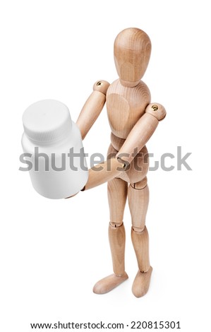 Wooden man embracing medical container