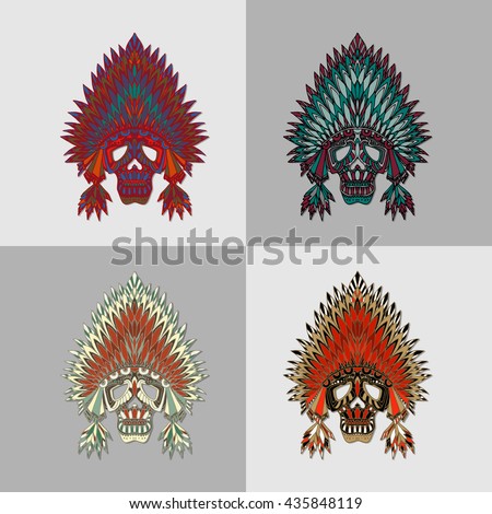 Skulls in the feather headdresses. Vector illustration of decorative colored skulls on white and grey background. Original masks with abstract pattern.