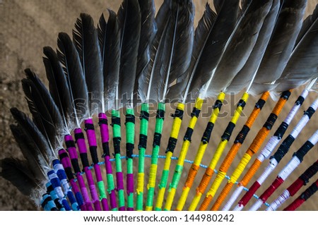 Feathers on decorative Native American clothing