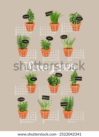 US 2025 year calendar with fresh herbs in pots, Savory 2025, beige background, green plants, terracotta pots.