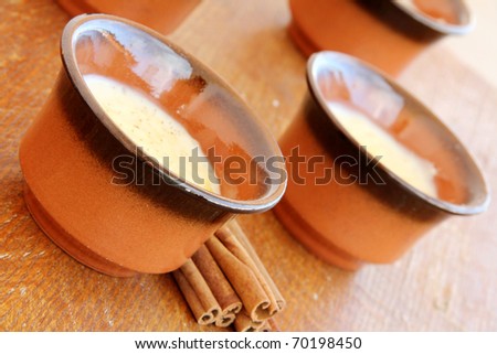 rice pudding in clay cup on wooden background .Creamy rice pudding with cinnamon. A simple, nutritious dessert made from rice, milk, eggs, vanilla and sugar.