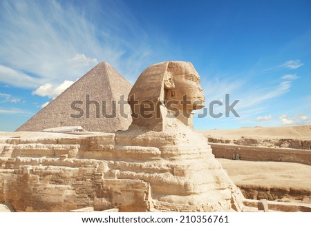Great Pyramid of Pharaoh Khufu, located at Giza and the Sphinx. Egypt