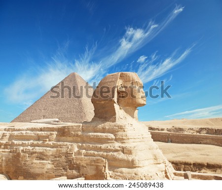 Great Pyramid of Pharaoh Khufu, located at Giza and the Sphinx. Egypt