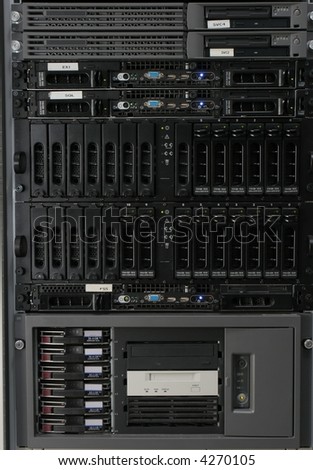 Group of typical rack mounted servers in a computer data centre, brands etc removed.