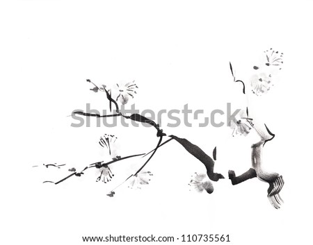 Plum Blossom on White Background -Ink Painting.