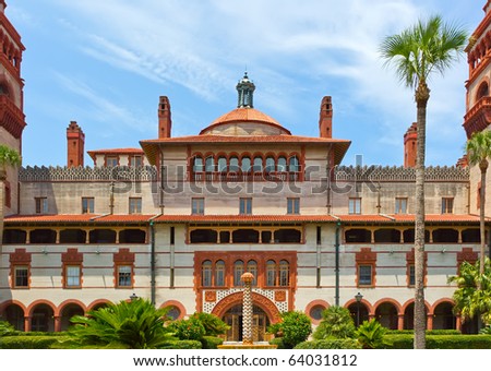Spanish style historic building against a cloudy blue sky  in St. Augustine, Florida