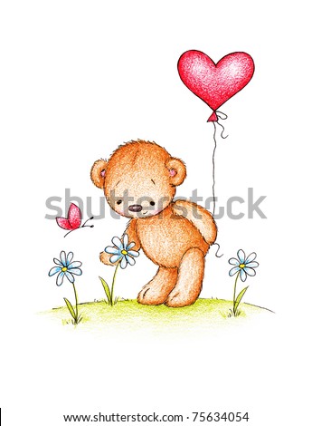 Cute Little Teddy Bear With Red Heart Balloon On White Background Stock ...