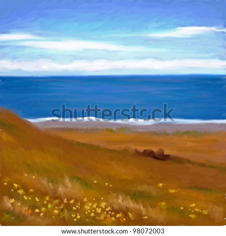 digital painting of golden grass field with yellow flowers in front of the ocean shore